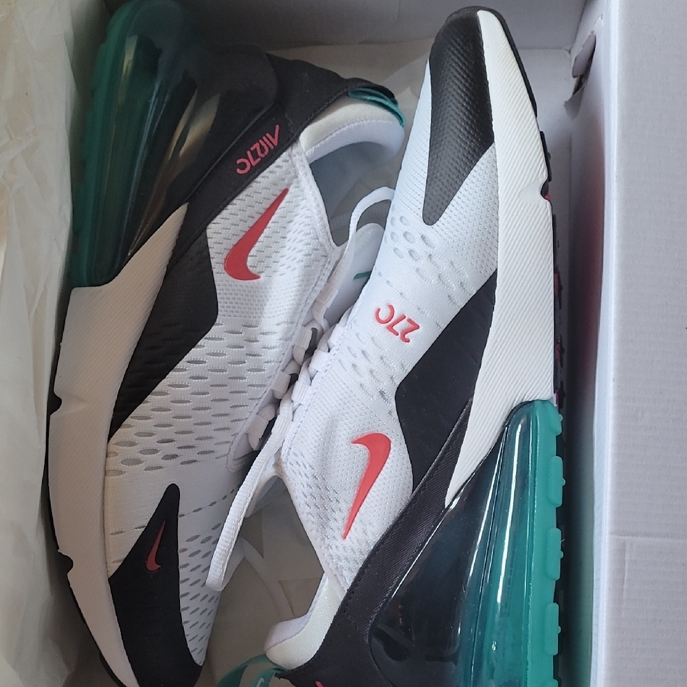 Nike Air Max 270 White and Black with Teal and Pink Accents